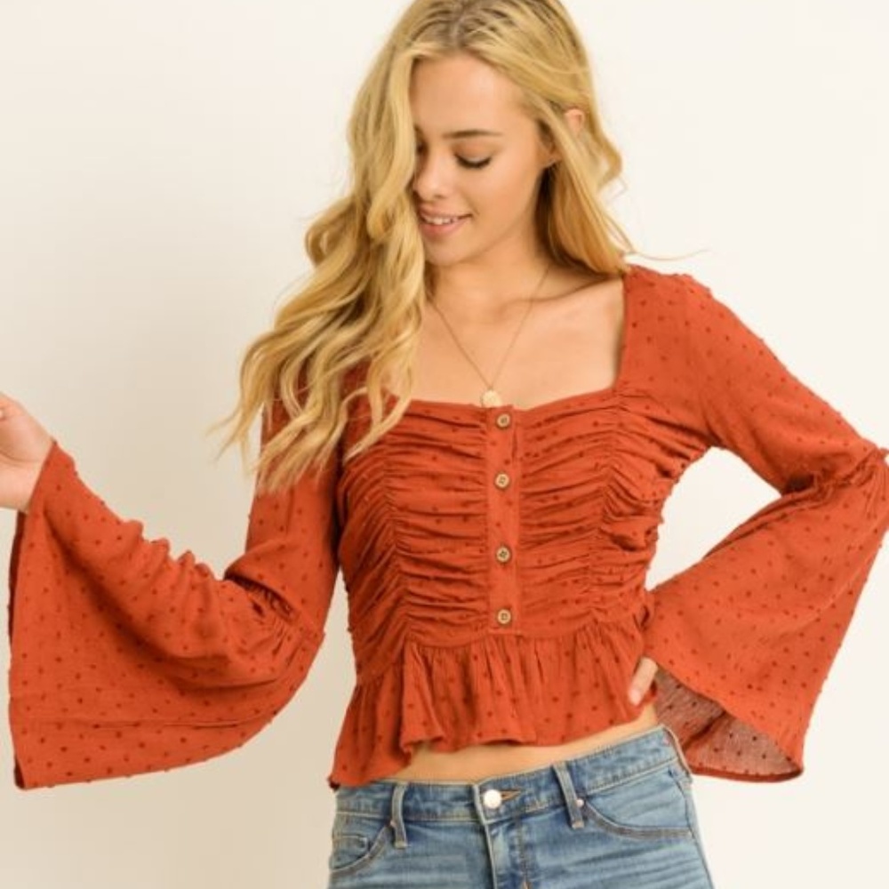 *SALE!* FLIRTY Bell Sleeve Dotted & Ruched Top
